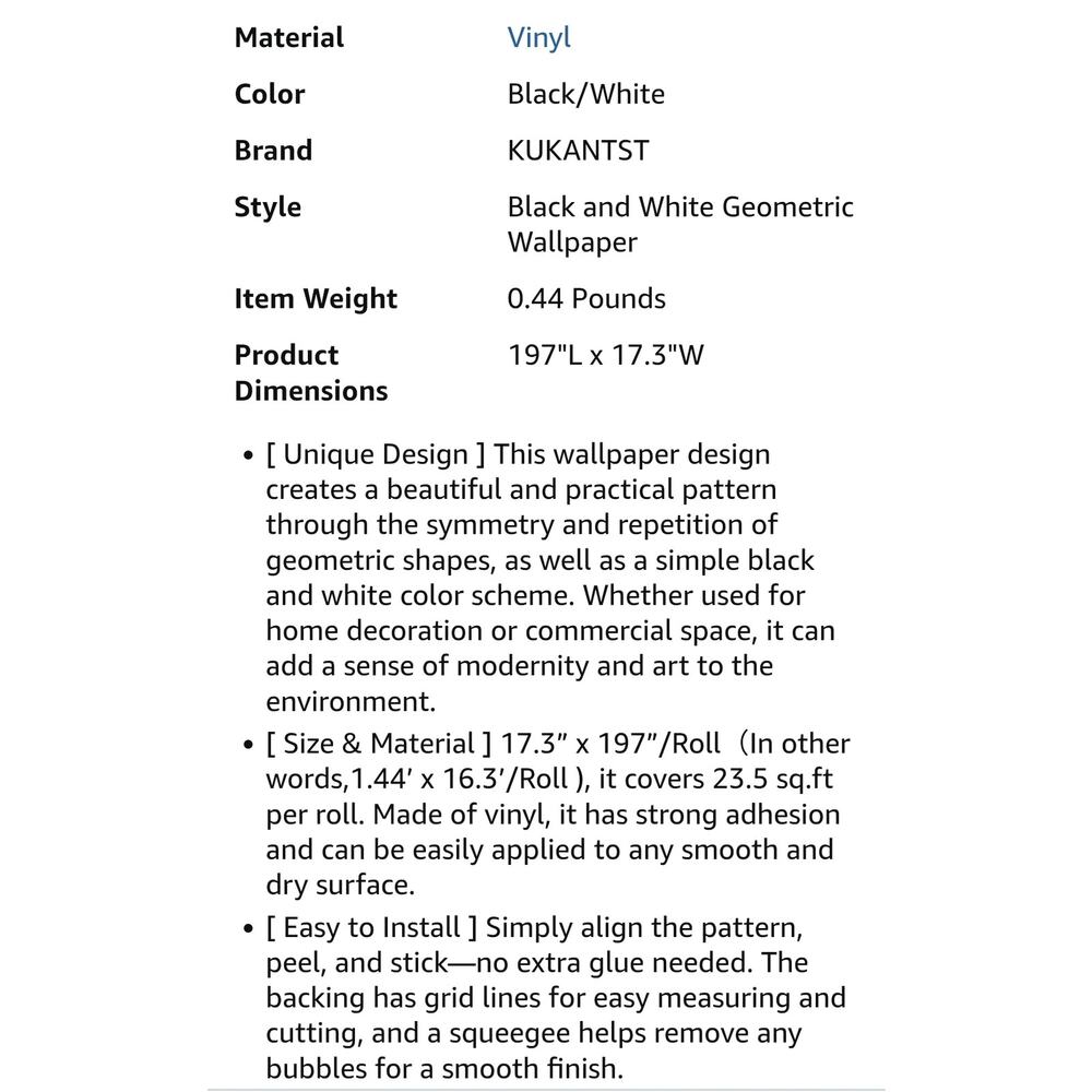 Geometric Peel & Stick Wallpaper Black & White Waterproof Vinyl 17.3”×78.7” s8 - Picture 7 of 8